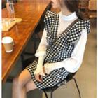 Plain Turtle-neck Long-sleeve Blouse / Plaid V-neck Sleeveless Dress