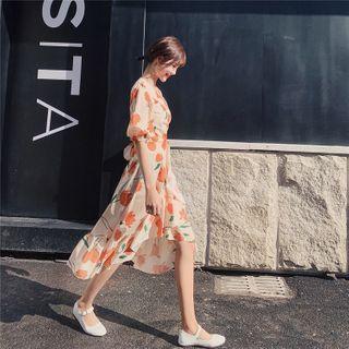 Flower Print Short-sleeve Asymmetric Midi A-line Dress