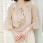 Chiffon Lace-up Flared-sleeve Top