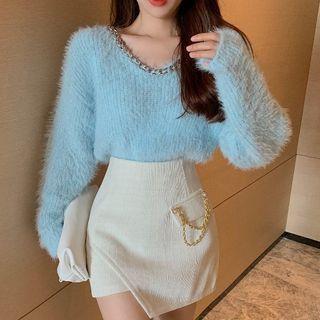 Chain-accent Fluffy Sweater / Irregular Mini Skirt