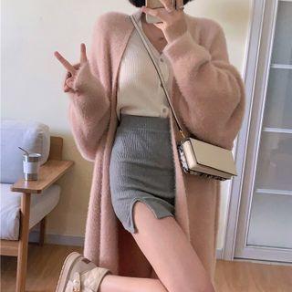 V-neck Cardigan / Open Front Midi Cardigan / Mini Pencil Skirt