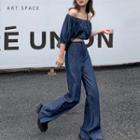 Set: Puff-sleeve Off-shoulder Denim Crop Top + High Waist Wide Leg Jeans