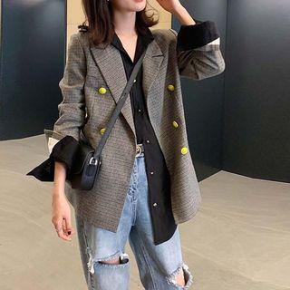 Plaid Double-breasted Blazer / Distressed Cropped Jeans / Set
