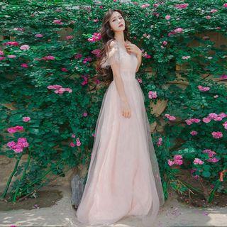 V-neck Beaded Short-sleeve Evening Gown