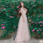 V-neck Beaded Short-sleeve Evening Gown
