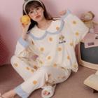 Loungewear Set : Long-sleeve Peter Pan Collar Polka Dot Top + Pants