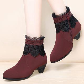 Low Heel Lace Panel Short Boots