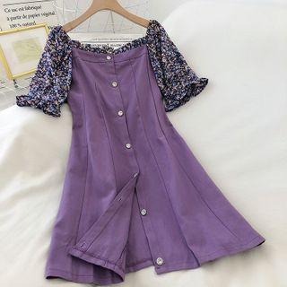 Floral Panel Puff-sleeve A-line Dress