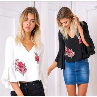 3/4-sleeve Embroidered V-neck Blouse