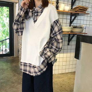 Mock-two Check Long-sleeve Loose-fit Shirt