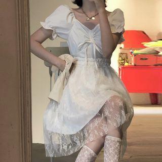 Drawstring Short-sleeve A-line Dress / Lace A-line Skirt