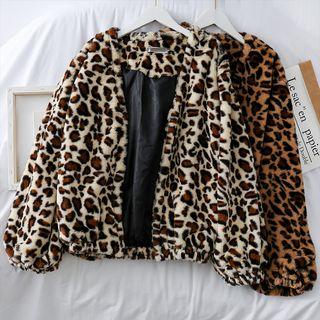 Buttonless Loose-fit Leopard-print Furry Jacket