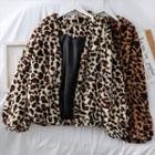 Buttonless Loose-fit Leopard-print Furry Jacket