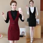 Set: Mock-neck Long-sleeve Knit Top + V-neck Pocketed Knit Pinafore Dress