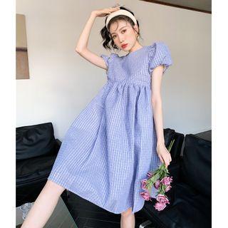 Puff-sleeve Plaid Smock Dress