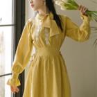 Long-sleeve Floral Embroidered Corduroy Midi Dress