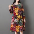 Long-sleeve Tropical Print A-line Dress