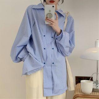 Long-sleeve Checked Blouse Plaid - Blue - One Size