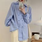 Long-sleeve Checked Blouse Plaid - Blue - One Size