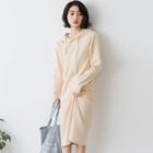 Long-sleeve Plain Midi Hoodie Dress Almond - One Size