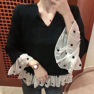 3/4-sleeve Dotted Panel Top Black - One Size