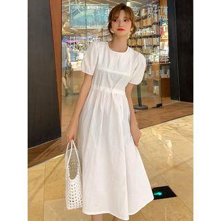 Puff Short-sleeve Midi A-line Dress White - One Size