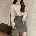 Turtleneck Sweater / Top / Faux Leather A-line Skirt