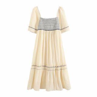 Elbow-sleeve Embroidered Midi A-line Dress / Blouse
