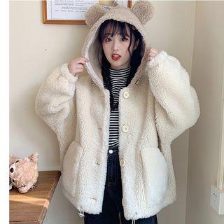 Bear Ear Hooded Faux Shearling Jacket Off-white - One Size