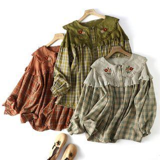 Flower Embroidered Plaid Blouse