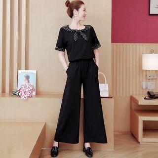 Set: Dotted Panel Short-sleeve Blouse + Cropped Wide-leg Pants