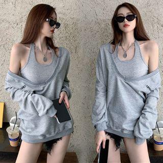 Set: Lettering Sweatshirt + Halter Neck Top Gray - One Size