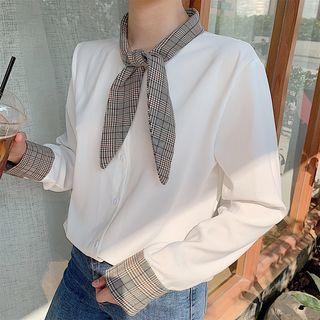 Plaid Trim Long Sleeve Chiffon Blouse White - One Size