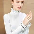 Mock Neck Bell-sleeve Dotted Trim Top