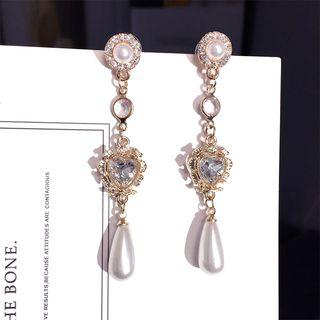 Rhinestone Heart Faux Pearl Drop Earring Gold - One Size
