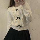 Flower Trim Bow Long-sleeve Knit Sweater White - One Size