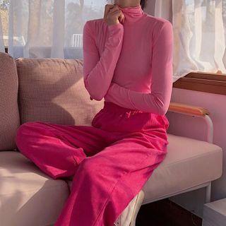 Mock-turtleneck Long-sleeve Top / Wide-leg Corduroy Pants