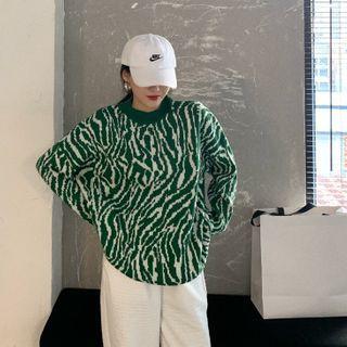 Zebra Print Loose-fit Sweater Green - One Size