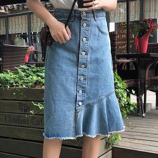Ruffle-hem Button-front Midi Denim Skirt