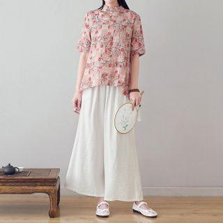 Set:lapel Print Short Sleeve Top +plain Wide Leg Pants