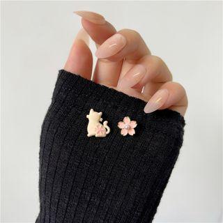 Cat & Sakura Asymmetrical Alloy Earring