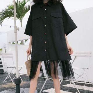 Mesh Panel Colored Button Elbow-sleeve Shirt Dress Black - One Size