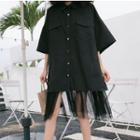 Mesh Panel Colored Button Elbow-sleeve Shirt Dress Black - One Size