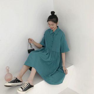 Short-sleeve A-line Shirtdress Malachite Blue - One Size