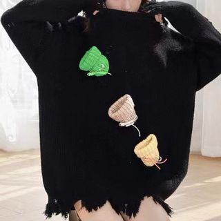 Beanie Applique Distressed Sweater Black - One Size