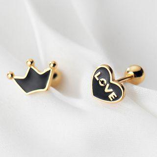 Non-matching 925 Sterling Silver Crown & Heart Earring 1 Pair - Black & Gold - One Size