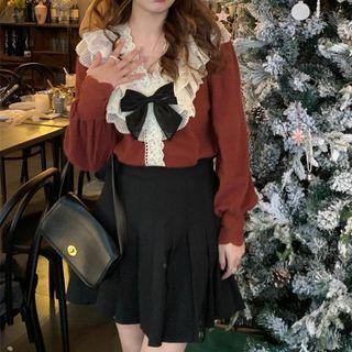 Long-sleeve Lace Trim Bow Knit Top / High-waist Plain Pleated Mini Skirt