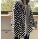 Long-sleeve Plaid Fleece Hooded Jacket Black & White - One Size