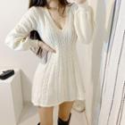 Lantern-sleeve V-neck Cable Knit Dress