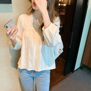Long Sleeve V-neck Lace Panel Button-up Shirt